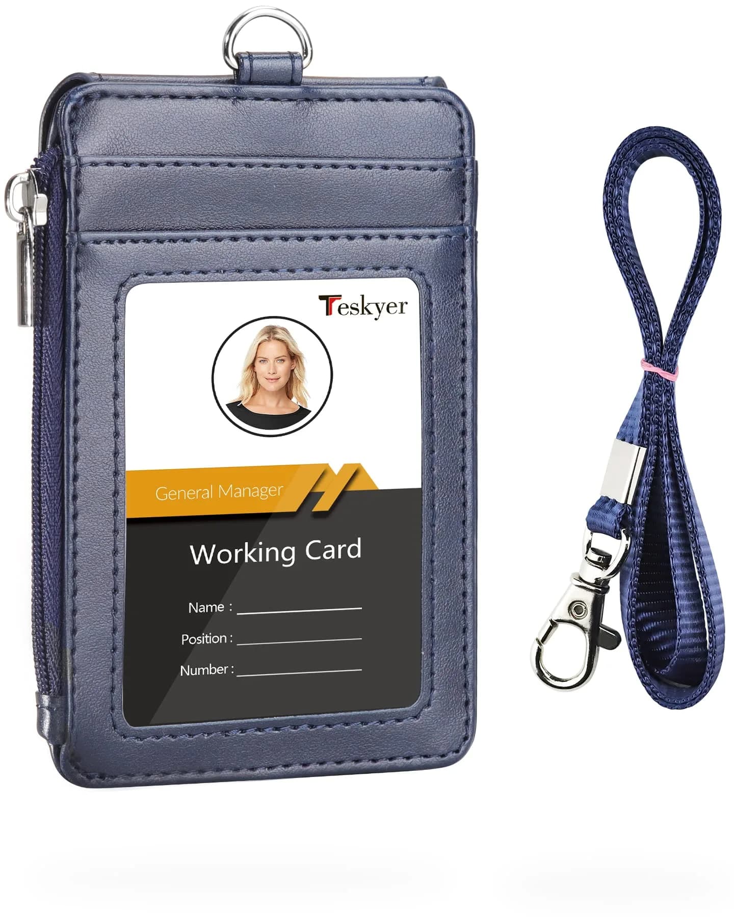 Teskyer Blue PU Leather ID Badge Holder with Lanyard & Zipper Pocket | 4 Card Slots, 1 Clear ID Window - main product image