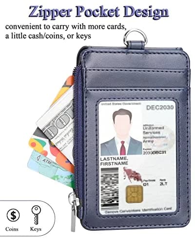 Teskyer Leather ID Badge Holder with Lanyard, Blue | 4 Card Slots, Zipper Closure, Premium PU Leather thumbnail 6