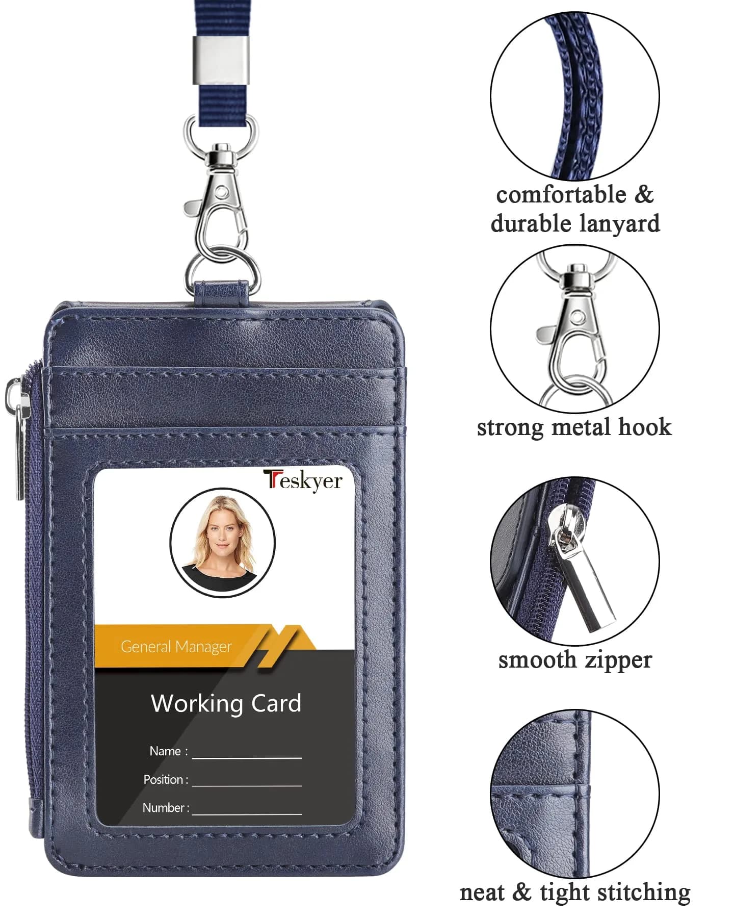 Teskyer Blue PU Leather ID Badge Holder with Lanyard & Zipper Pocket | 4 Card Slots, 1 Clear ID Window - view 3