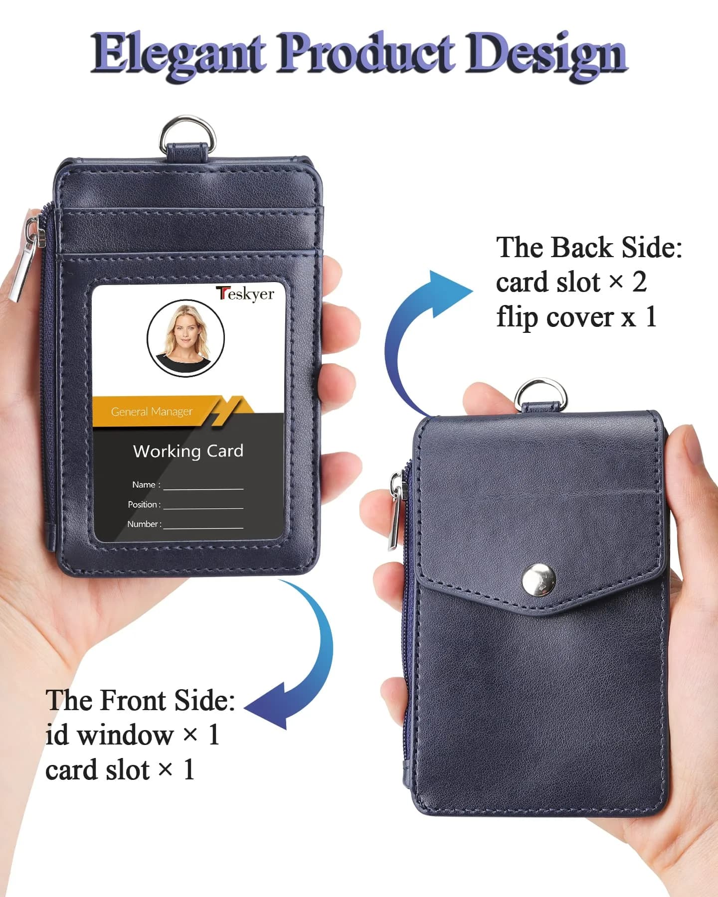 Teskyer Blue PU Leather ID Badge Holder with Lanyard & Zipper Pocket | 4 Card Slots, 1 Clear ID Window - view 4