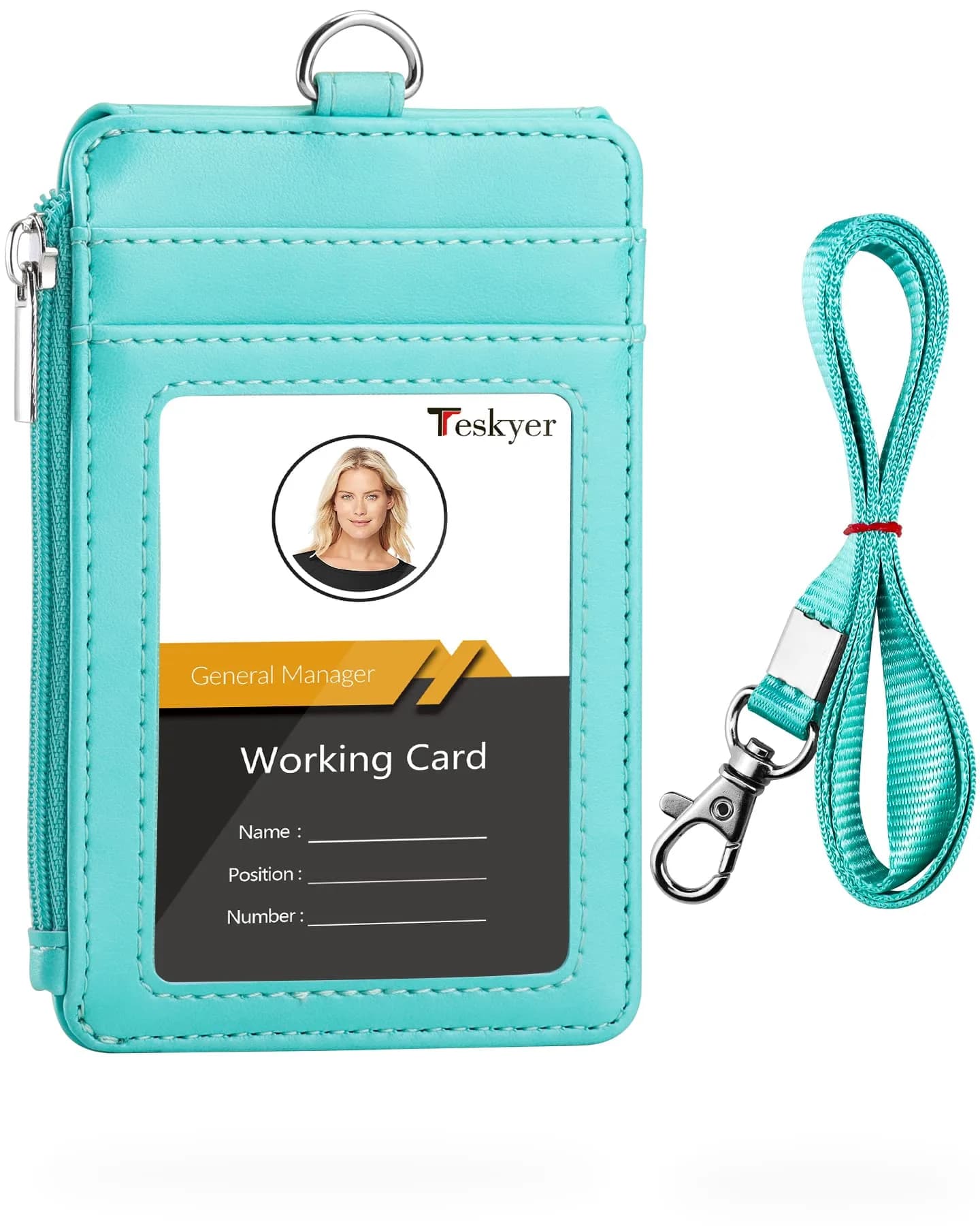 Teskyer Cyan PU Leather ID Badge Holder with Lanyard & Zipper Pocket | 4 Card Slots, 1 Clear ID Window - main product image