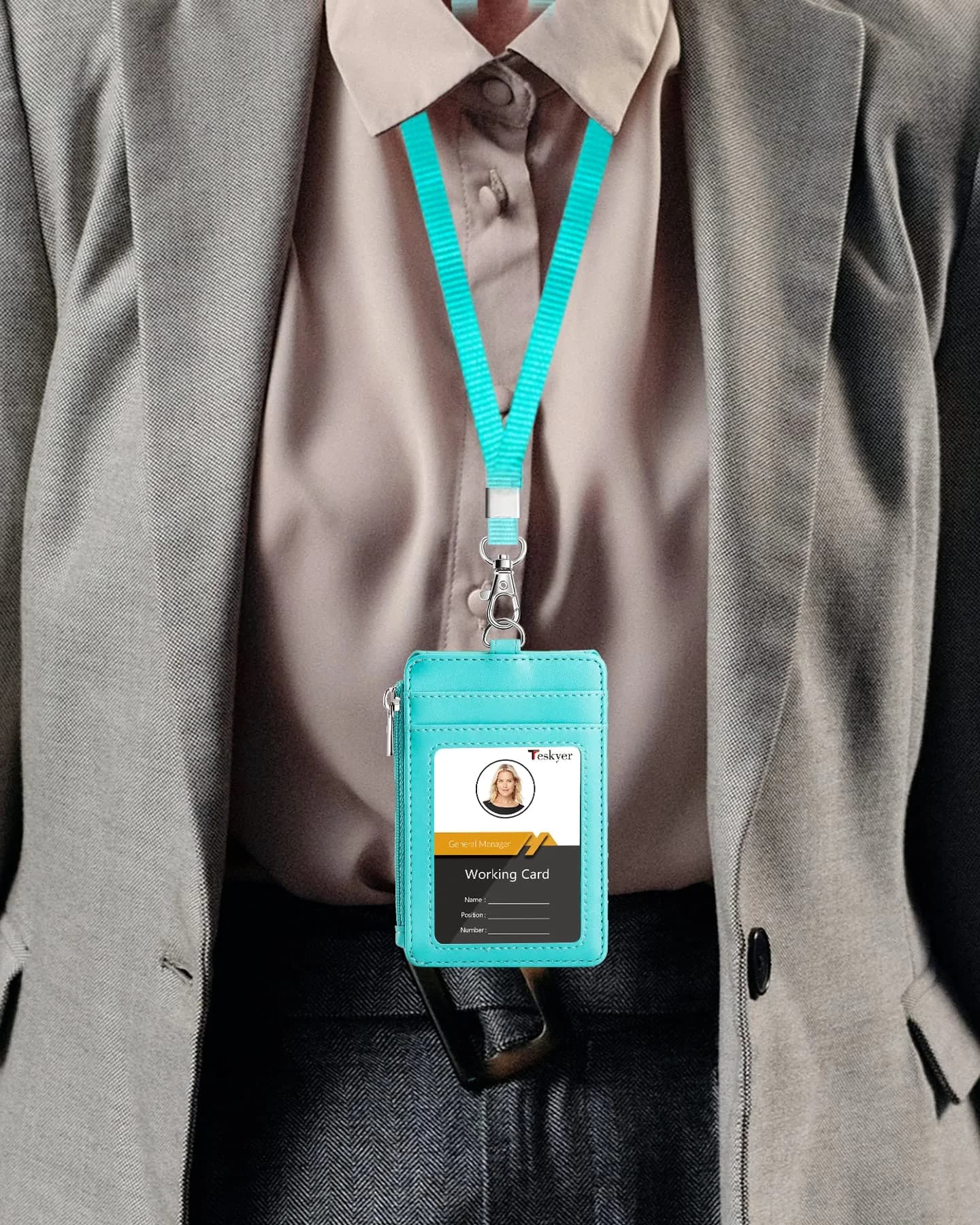 Teskyer Cyan PU Leather ID Badge Holder with Lanyard & Zipper Pocket | 4 Card Slots, 1 Clear ID Window - view 2