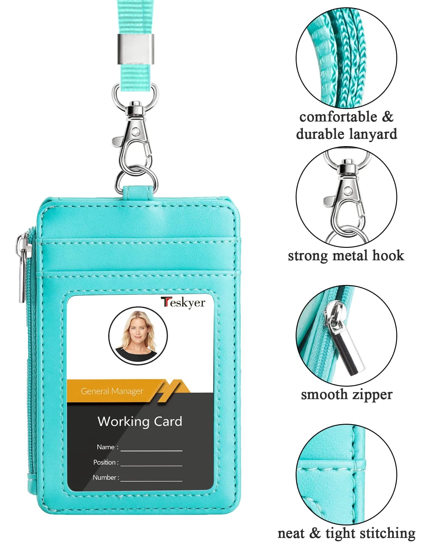 Teskyer Cyan PU Leather ID Badge Holder with Lanyard & Zipper Pocket | 4 Card Slots, 1 Clear ID Window - view 3
