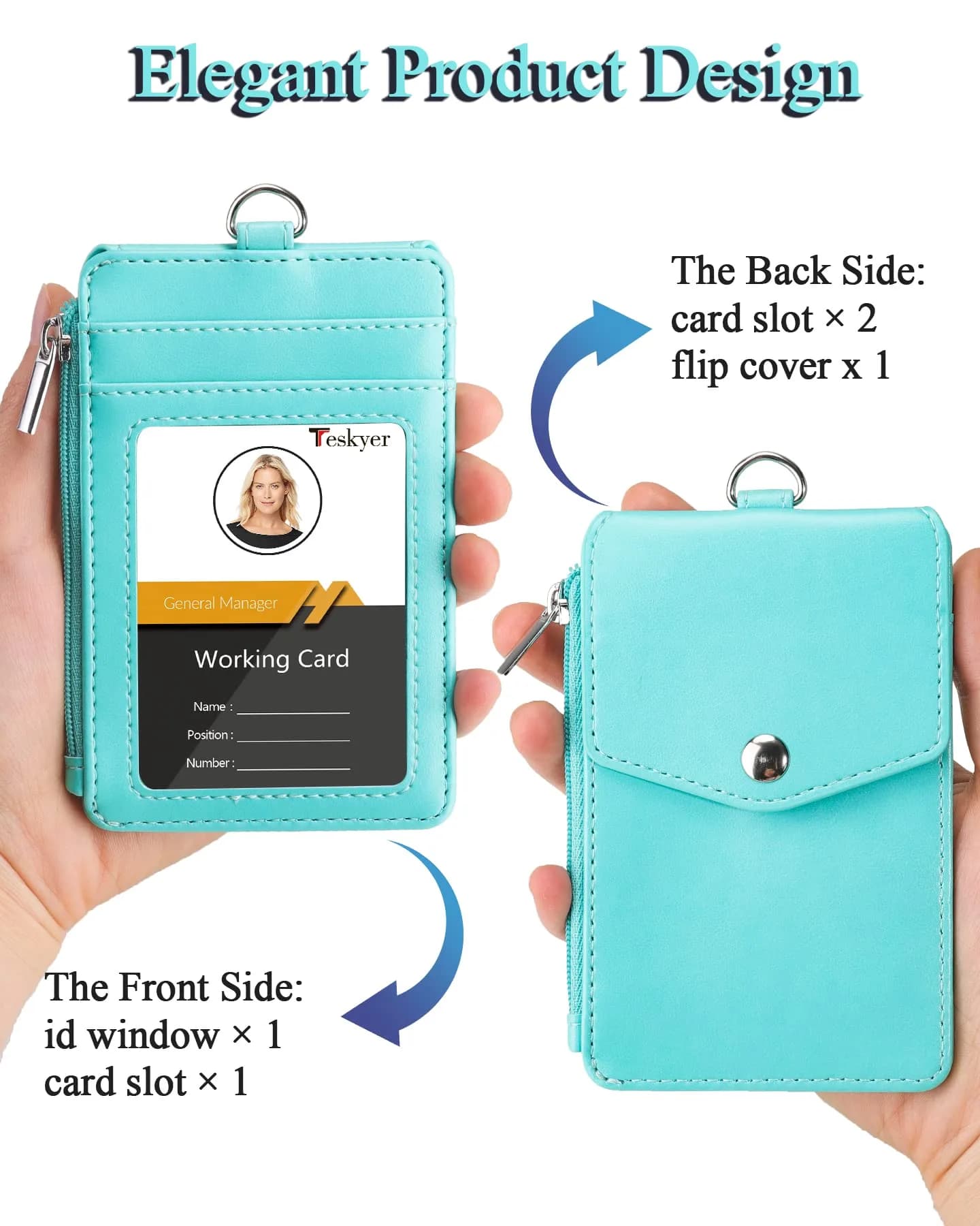 Teskyer Cyan PU Leather ID Badge Holder with Lanyard & Zipper Pocket | 4 Card Slots, 1 Clear ID Window - view 4