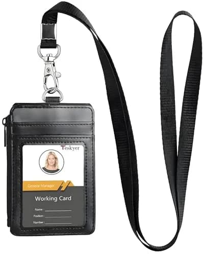 Teskyer Black PU Leather ID Badge Holder with Lanyard & Zipper Pocket | 4 Card Slots, 1 Clear ID Window — Cyan