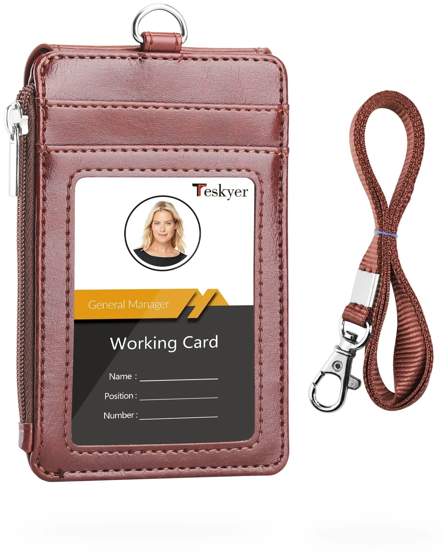 Teskyer Brown PU Leather ID Badge Holder with Lanyard & Zipper Pocket | 4 Card Slots, 1 Clear ID Window - main product image