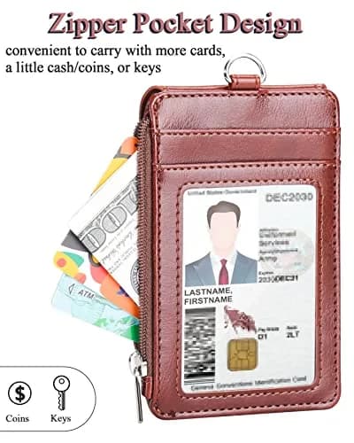 Teskyer Leather ID Badge Holder with Lanyard, Brown | Multiple Card Slots & Zip Pocket thumbnail 6