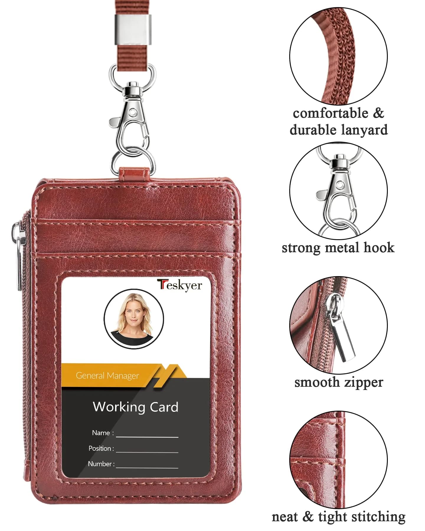 Teskyer Brown PU Leather ID Badge Holder with Lanyard & Zipper Pocket | 4 Card Slots, 1 Clear ID Window - view 3