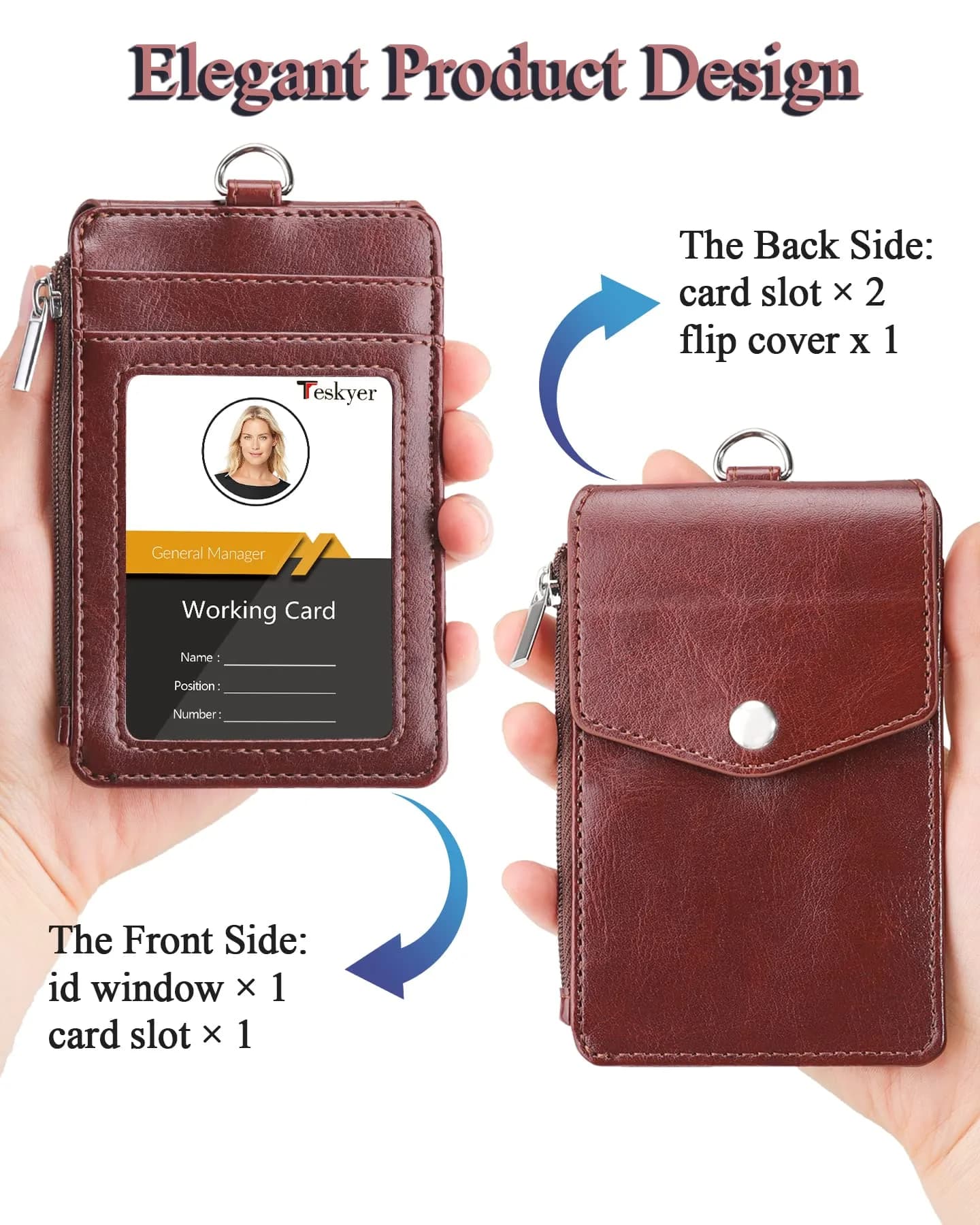Teskyer Brown PU Leather ID Badge Holder with Lanyard & Zipper Pocket | 4 Card Slots, 1 Clear ID Window - view 4