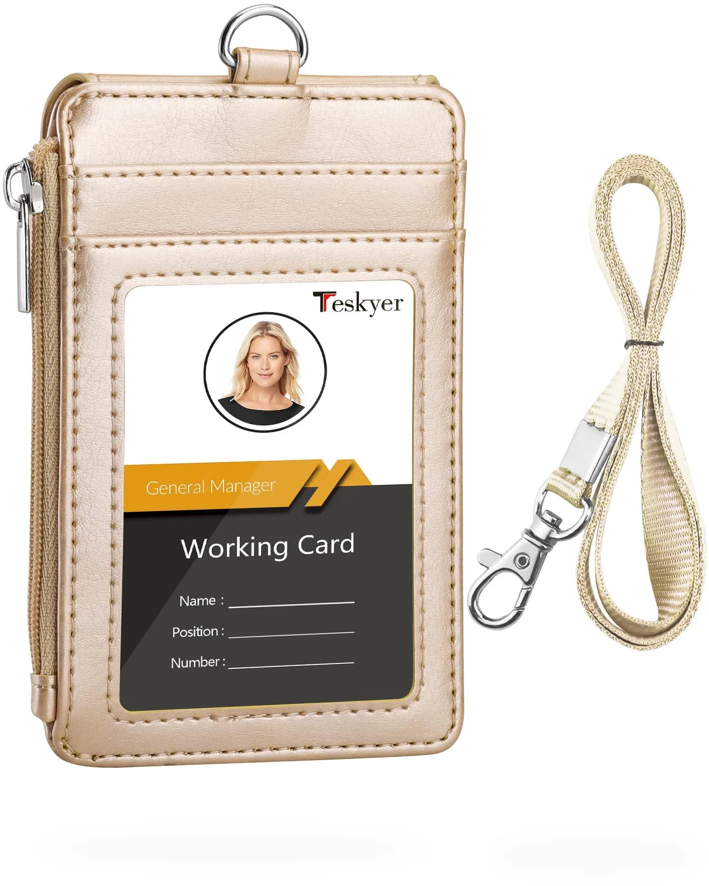 Teskyer Gold PU Leather ID Badge Holder with Lanyard & Zipper Pocket | 3.1" x 4.7" - main product image