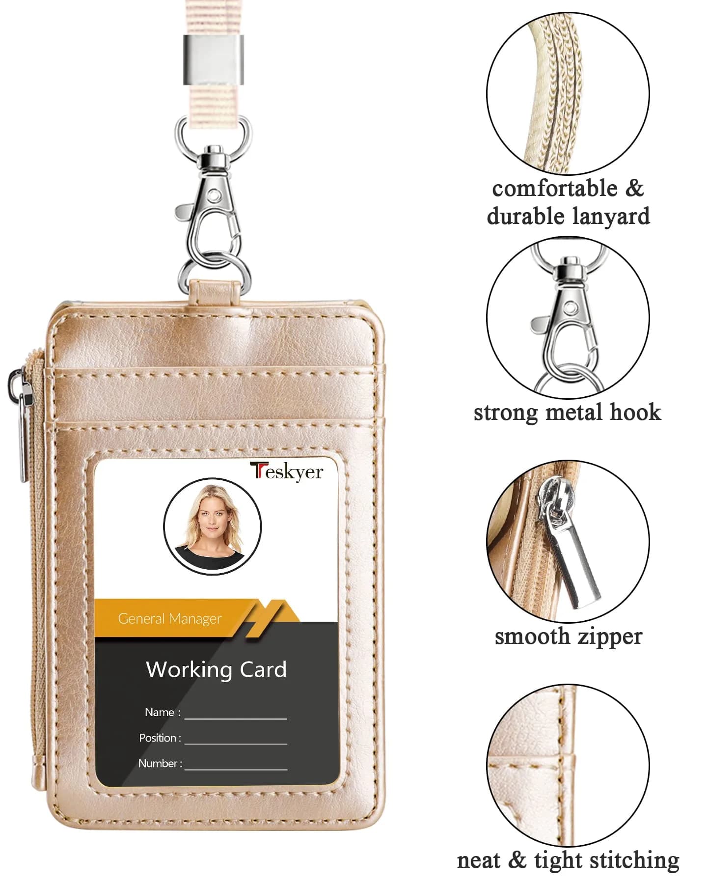Teskyer Gold PU Leather ID Badge Holder with Lanyard & Zipper Pocket | 3.1" x 4.7" - view 3