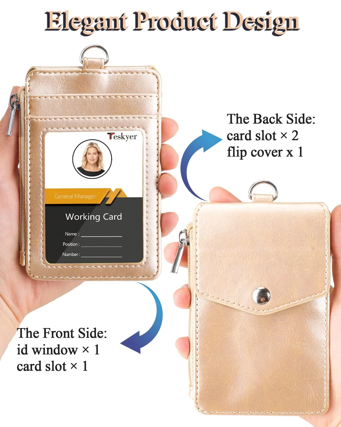 Teskyer Gold PU Leather ID Badge Holder with Lanyard & Zipper Pocket | 3.1" x 4.7" - view 4