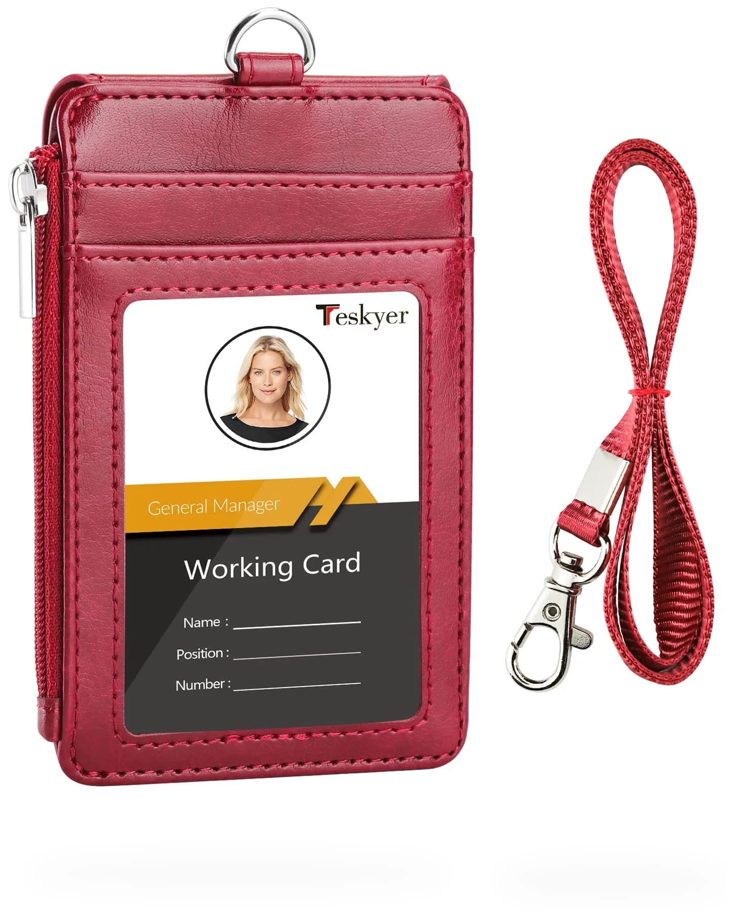 Teskyer Red PU Leather ID Badge Holder with Lanyard & Zipper Pocket | 4 Card Slots, 1 Clear ID Window - main product image