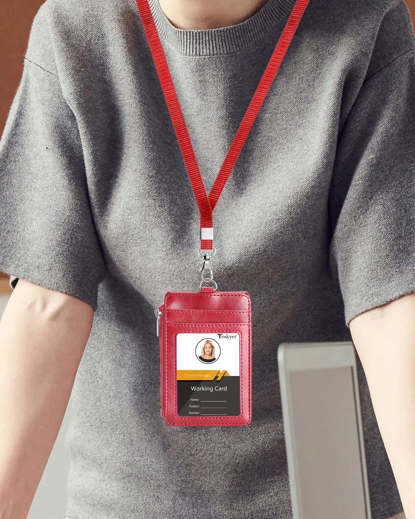 Teskyer Red PU Leather ID Badge Holder with Lanyard & Zipper Pocket | 4 Card Slots, 1 Clear ID Window - view 2