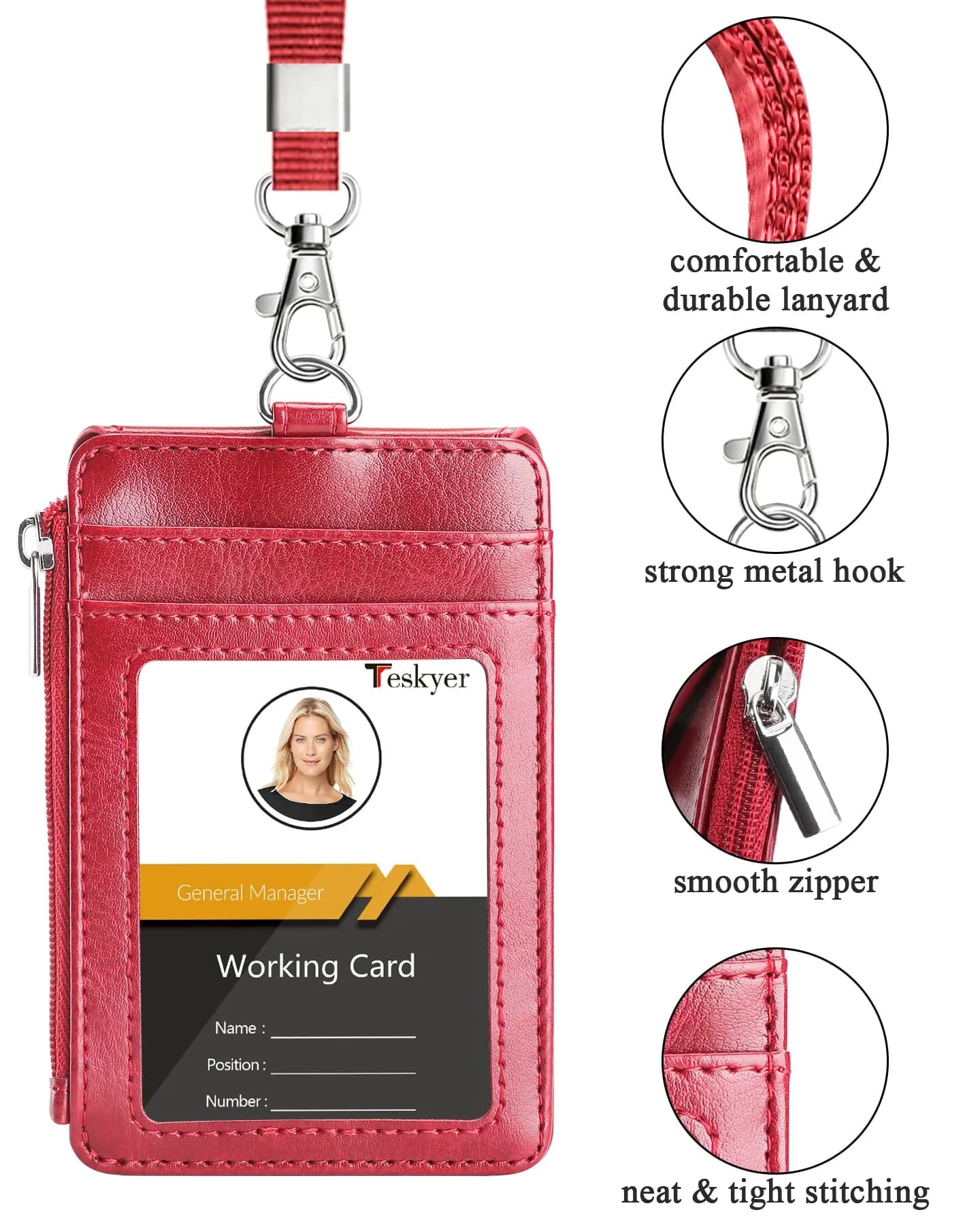 Teskyer Red PU Leather ID Badge Holder with Lanyard & Zipper Pocket | 4 Card Slots, 1 Clear ID Window - view 3