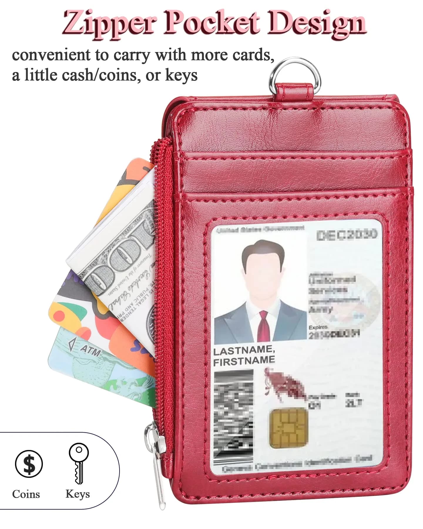 Teskyer Red PU Leather ID Badge Holder with Lanyard & Zipper Pocket | 4 Card Slots, 1 Clear ID Window - view 4