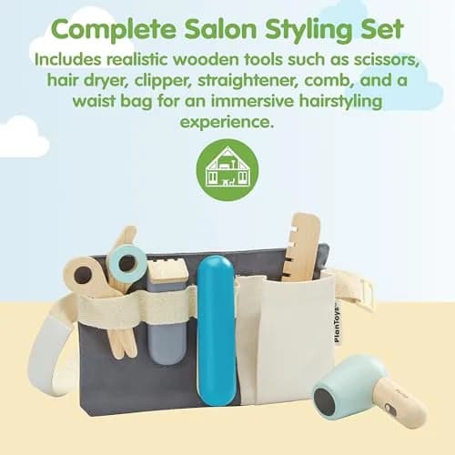 PlanToys Wooden Hairdresser Kit for Kids with Scissors, Blow Dryer & Comb | Montessori Role Play thumbnail 2