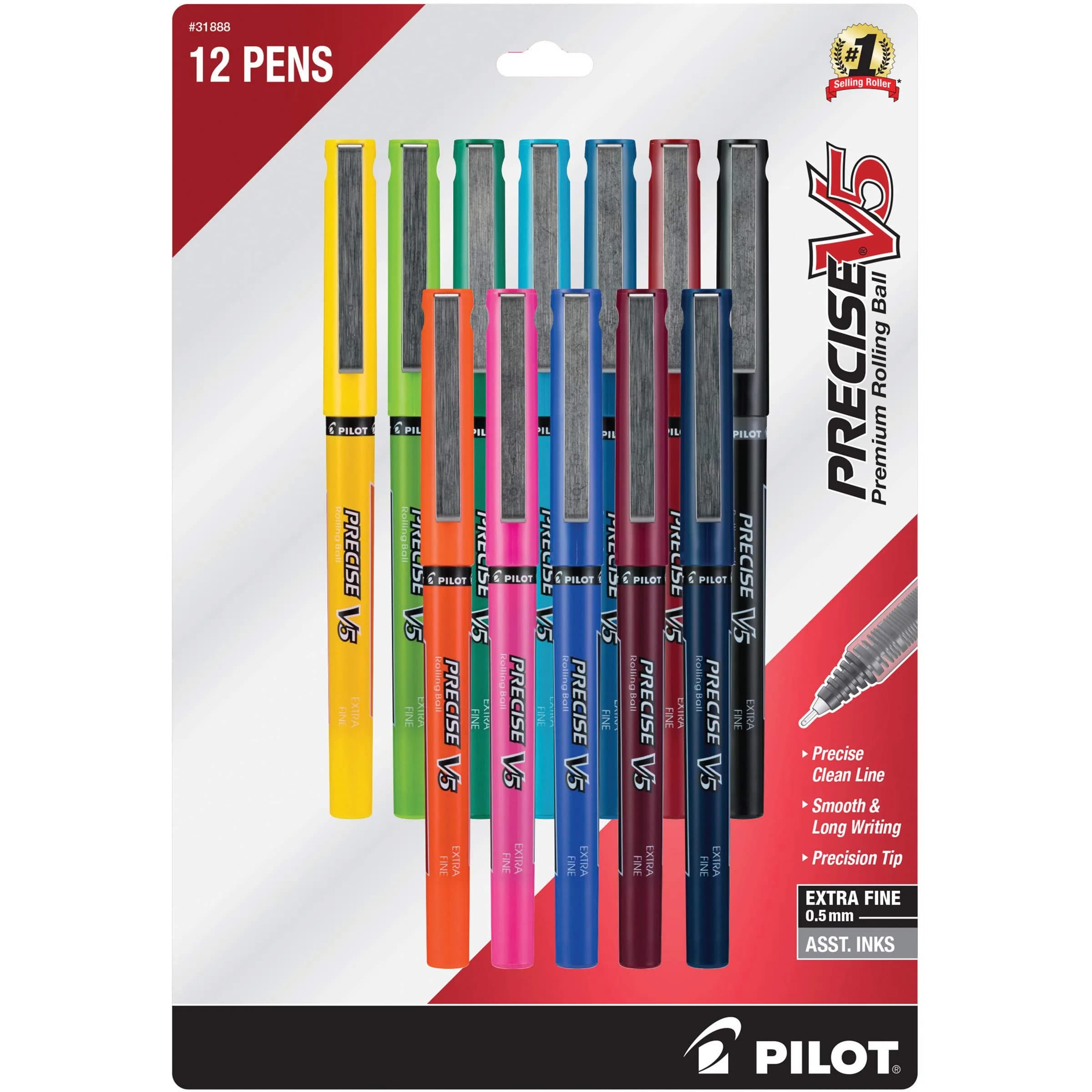 PILOT Precise V5 Stick Pens, Extra Fine Point 0.5mm, Assorted Inks, 12-Pack | Smooth Writing Liquid Ink Rollerball Pens - main product image