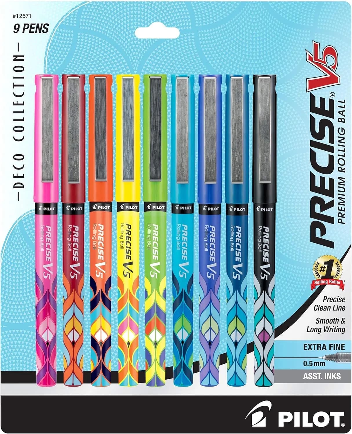 PILOT Precise V5 Liquid Ink Rollerball Pens 0.5 mm | Art Deco Collection, Extra Fine Point, Assorted Colors, Pack of 9 — Assorted Colors