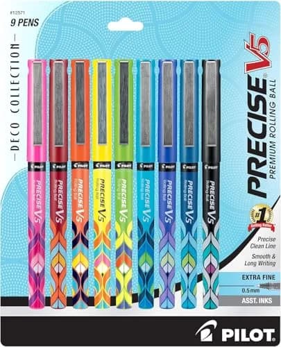 PILOT Precise V5 Liquid Ink Rollerball Pens 0.5 mm | Art Deco Collection, Extra Fine Point, Assorted Colors, Pack of 9 thumbnail 1