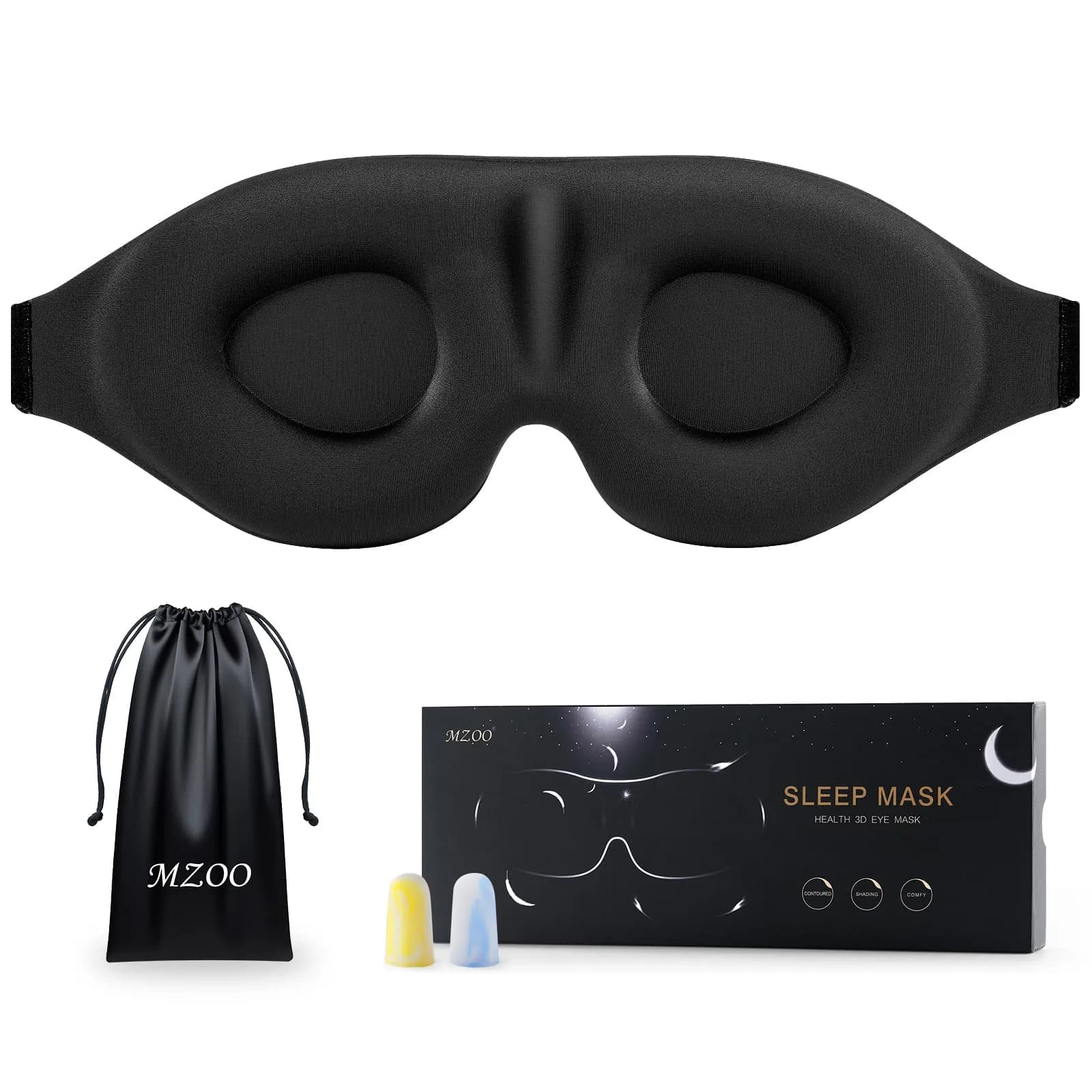 MZOO Luxury Sleep Eye Mask for Side Sleepers, Zero Eye Pressure 3D Blackout Blindfold, Soft Eye Shade Cover for Travel, Purple — A-black