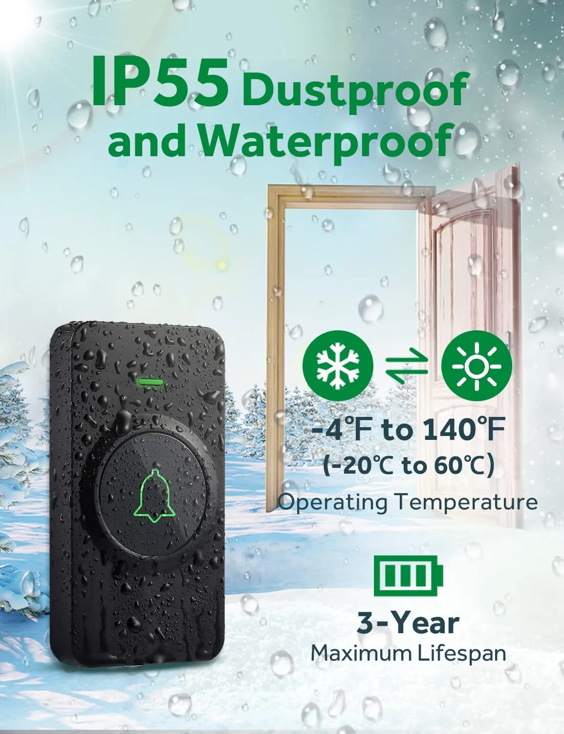 AVANTEK Wireless Doorbell Kit with 2 Black Transmitters & 1 Receiver | 1000 ft Range, 52 Melodies, IP55 Waterproof - view 3
