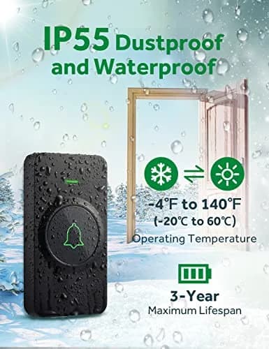 AVANTEK Wireless Doorbell Kit with 2 Black Transmitters & 1 Receiver | 1000 ft Range, 52 Melodies, IP55 Waterproof thumbnail 3