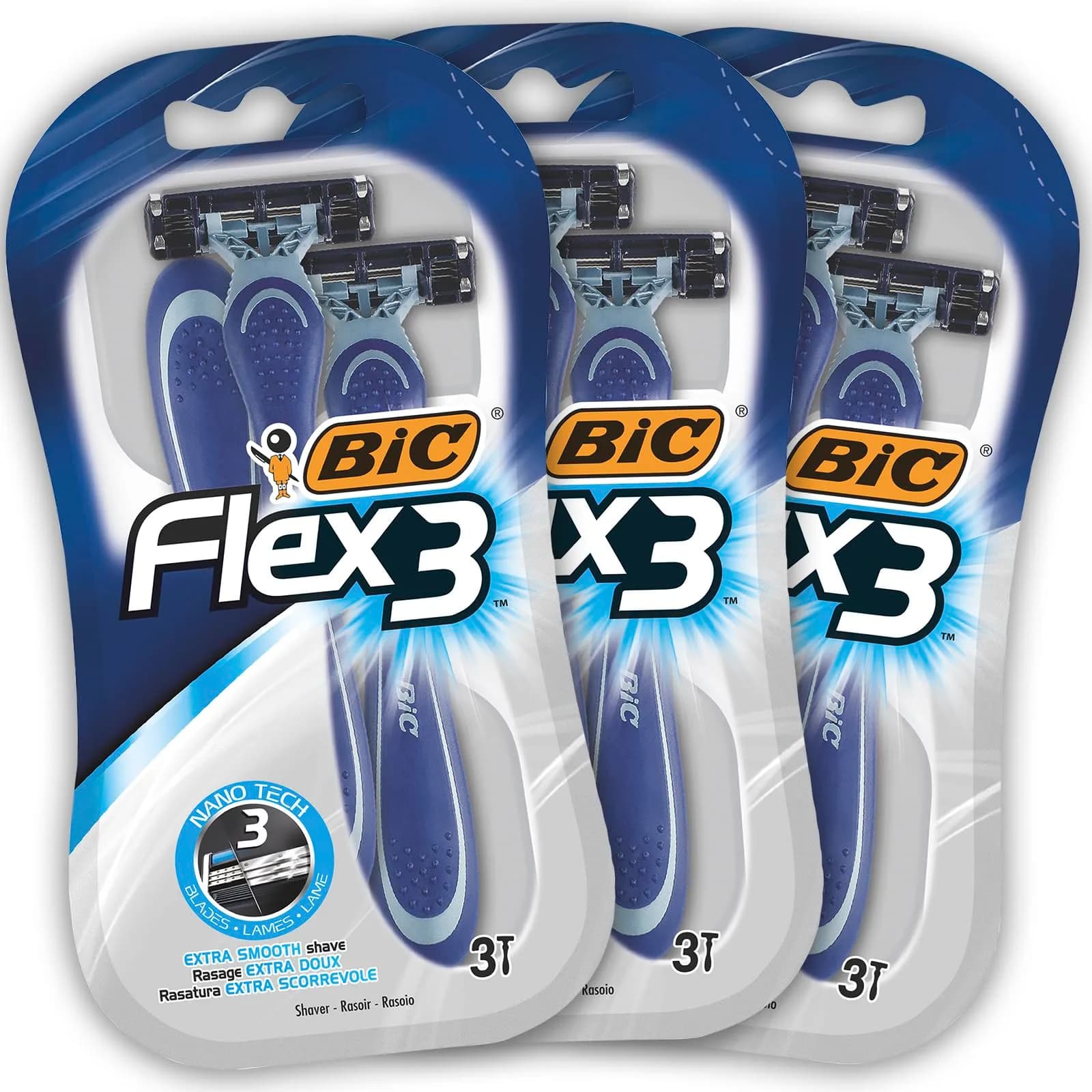 BIC Flex 3 Blade Mens Disposable Razor 3 Count | Triple Moveable Blades for Close, Smooth Shave with Vitamin E & Aloe Vera (70-120 chars) — Multicolor