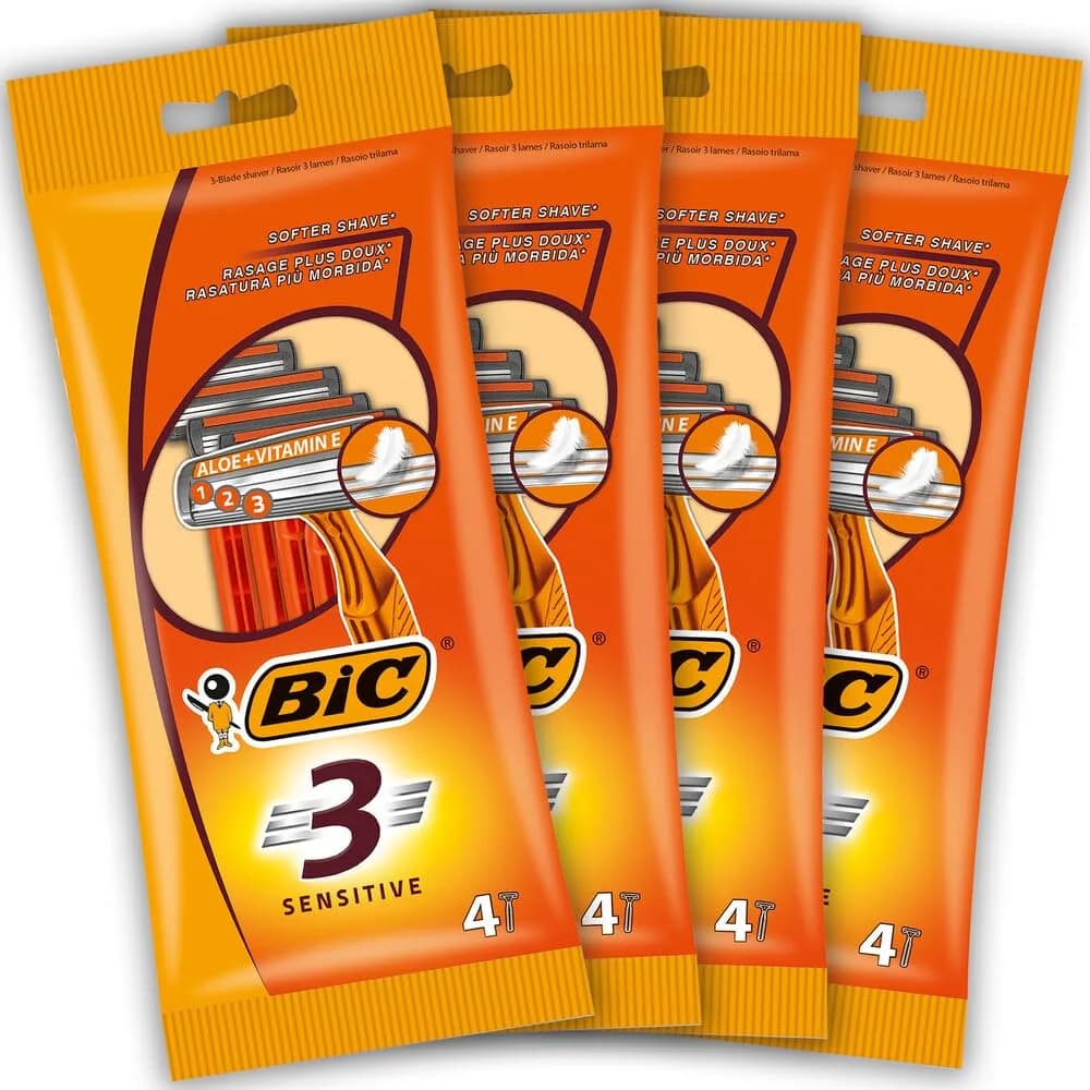 BIC 3 Sensitive Disposable Razors for Men | Fixed Head Triple Blade, 16 Count, Orange Handle — Orange