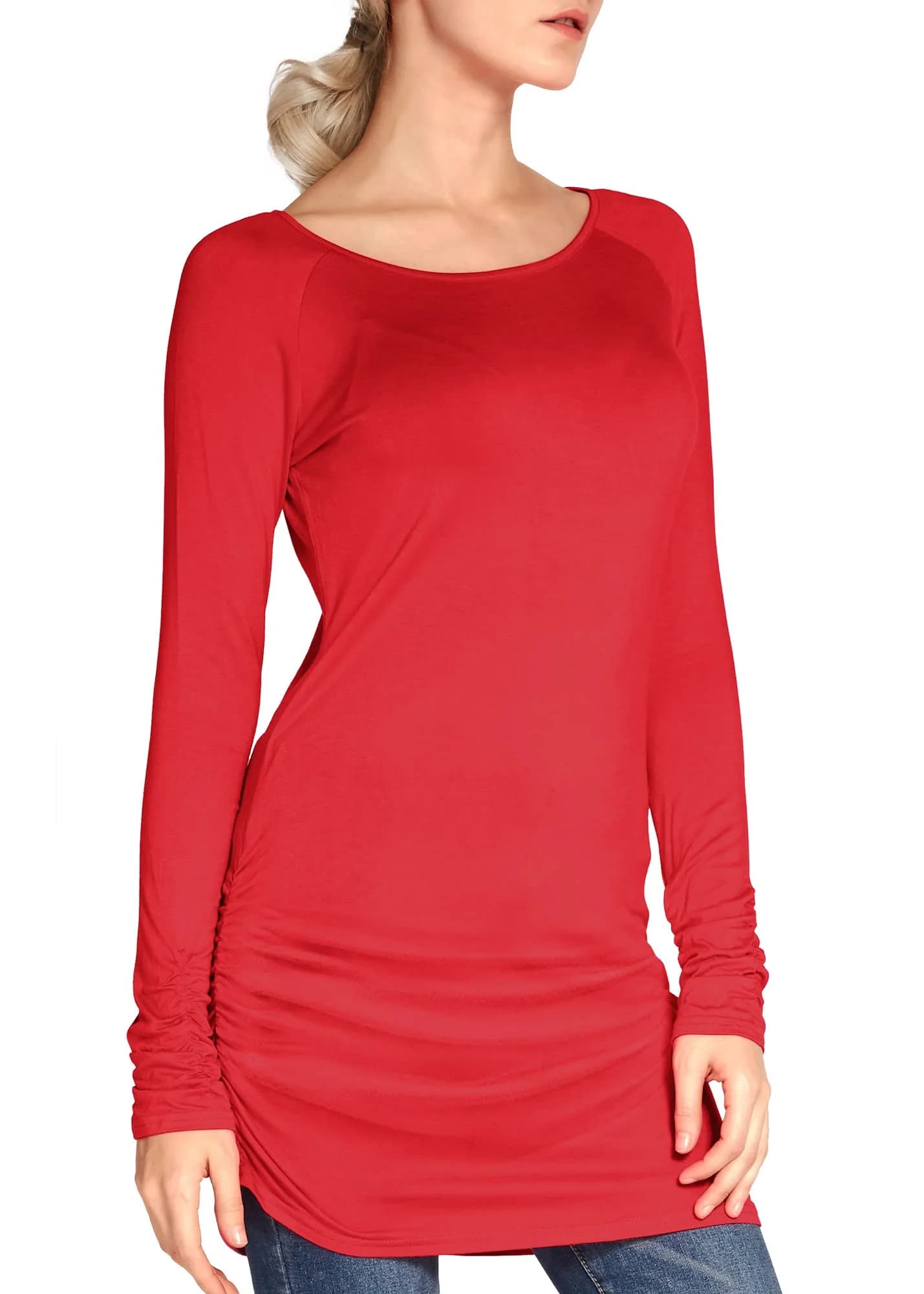 Urban CoCo Women's Casual T-Shirt Long Sleeve Solid Tunic Tops Slim Fit (L, Red) | Comfortable, Fashionable & Breathable