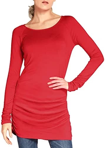 Urban CoCo Women's Casual T-Shirt Long Sleeve Solid Tunic Tops Slim Fit (L, Red) | Comfortable, Fashionable & Breathable thumbnail 2