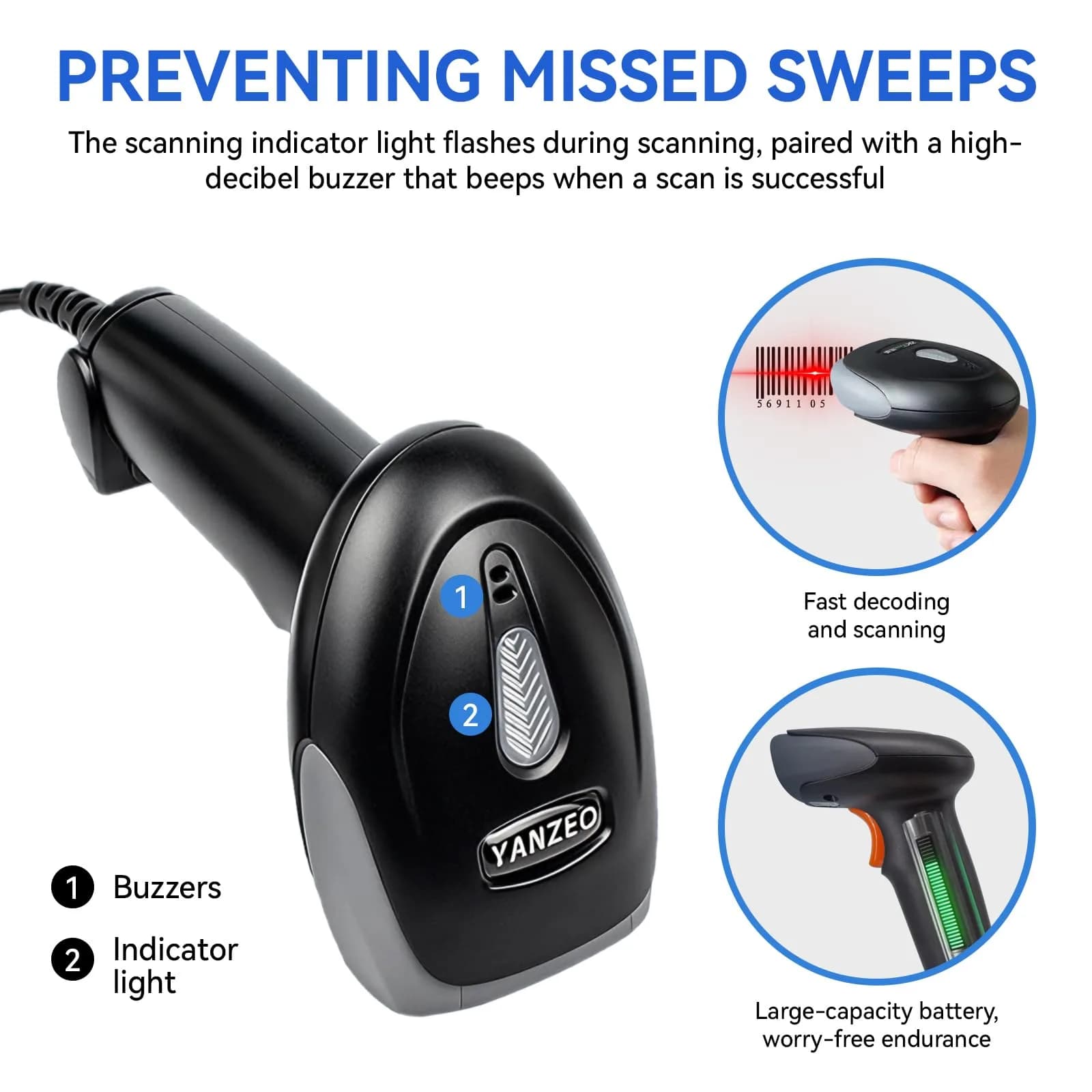 Yanzeo USB CCD Barcode Scanner Plug & Play for Office & Warehouse | 200 Scans/Sec, 1.5m Drop Resistant - view 4
