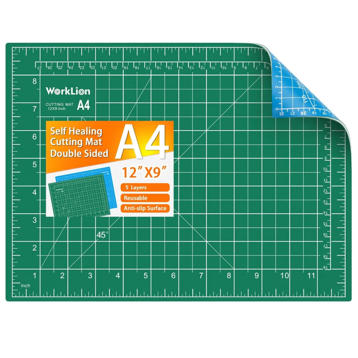 WORKLION Self Healing Cutting Mat: 12''x9'' Double Sided Craft Cutting Mat for Sewing, Fabric, Quilting - 5-Ply Slip-Resistant Hobby Cutting Board for DIY Projects (Green/Blue)