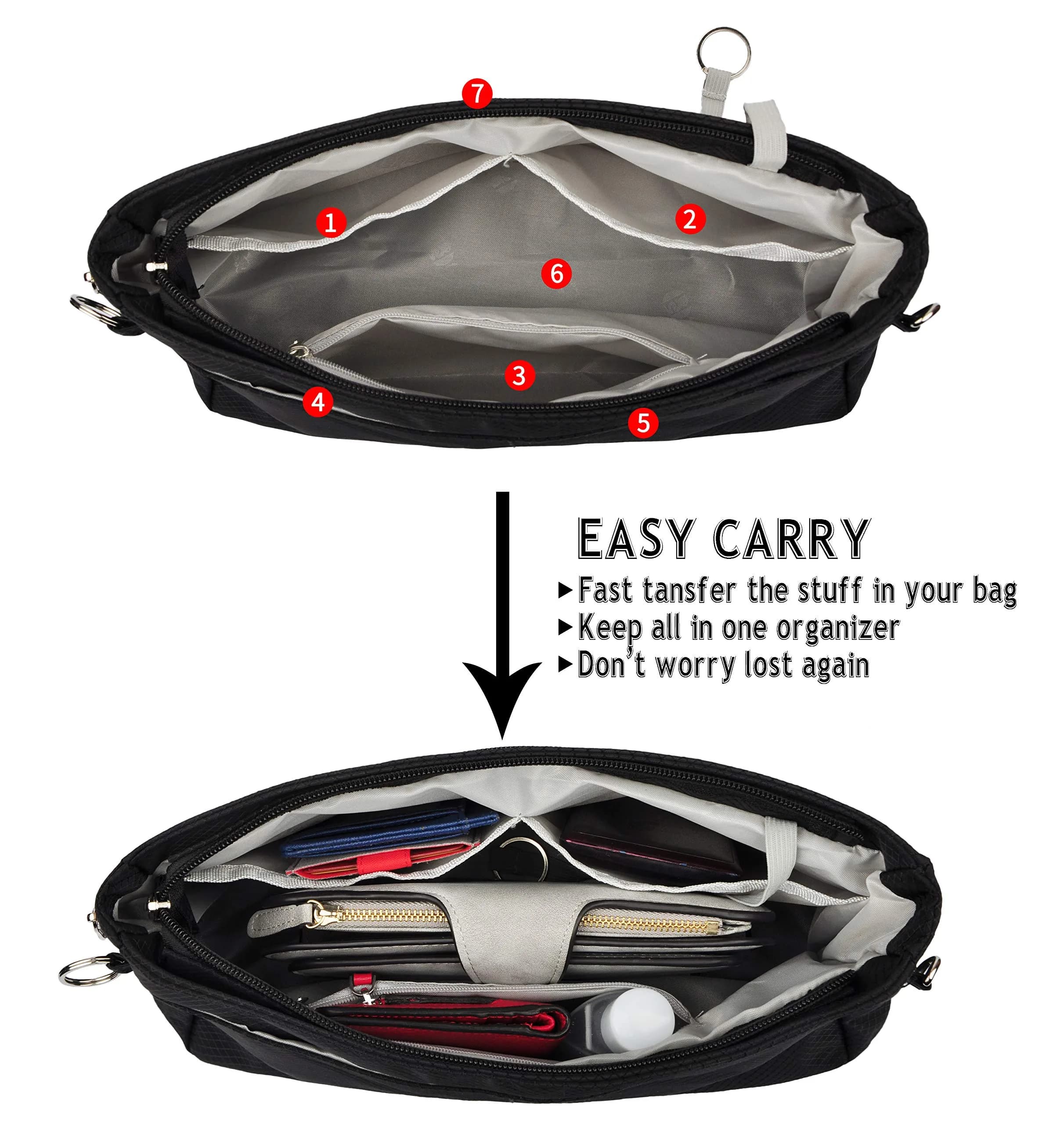 Vercord Expandable Black Nylon Handbag Purse Organizer Insert Liner Shaper Bag in Bag - Large - view 3