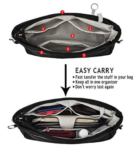 Vercord Expandable Nylon Handbag Purse Organizer Insert Liner Shaper Bag in Bag - Black Medium thumbnail 3