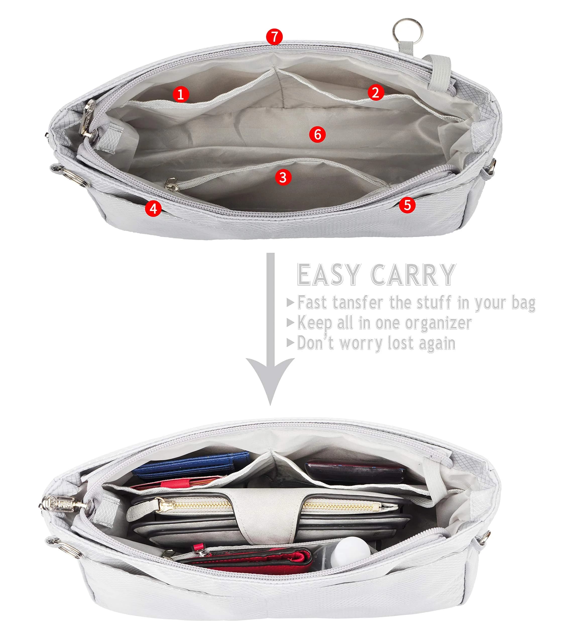Vercord Medium Beige Grey Expandable Nylon Handbag Purse Organizer Insert Liner Shaper Bag in Bag - view 3