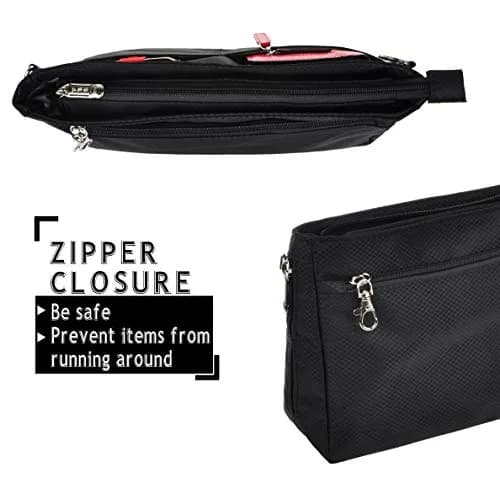 Vercord Expandable Nylon Handbag Purse Organizer Insert Liner Shaper Bag in Bag Black X-Large | Waterproof & Zippered Compartments thumbnail 5