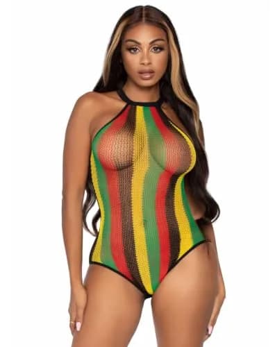 Leg Avenue Women's Striped Halter Bodysuit, Rasta, One Size | Fishnet Festival Look thumbnail 1