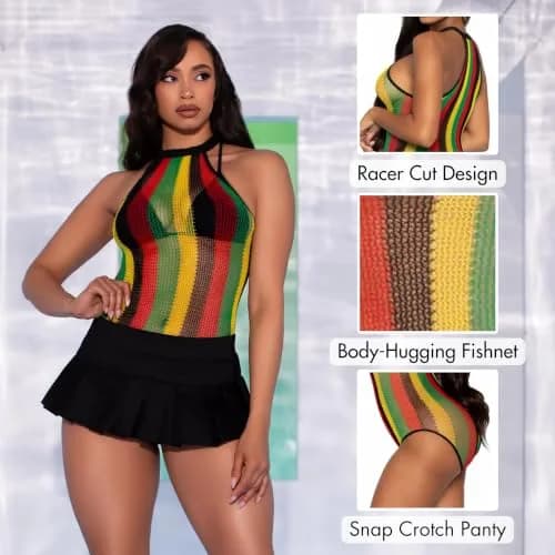 Leg Avenue Women's Striped Halter Bodysuit, Rasta, One Size | Fishnet Festival Look thumbnail 4