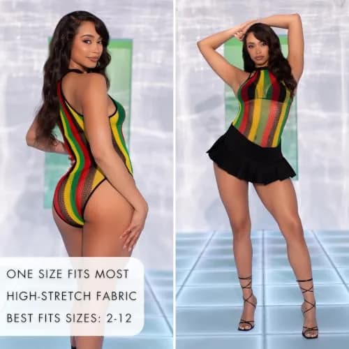 Leg Avenue Women's Striped Halter Bodysuit, Rasta, One Size | Fishnet Festival Look thumbnail 5