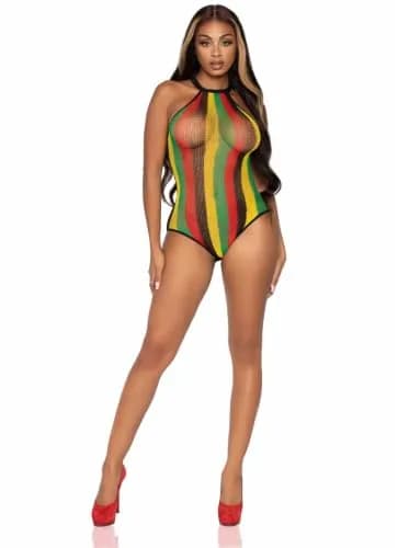 Leg Avenue Women's Striped Halter Bodysuit, Rasta, One Size | Fishnet Festival Look thumbnail 2