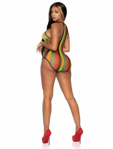 Leg Avenue Women's Striped Halter Bodysuit, Rasta, One Size | Fishnet Festival Look thumbnail 3