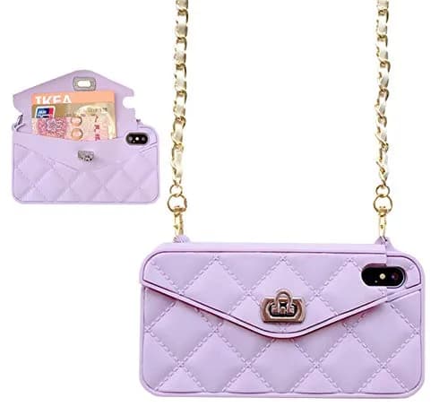 UnnFiko Luxury Bag Wallet Case for iPhone 7 Plus/8 Plus, Soft Silicone with Shoulder Strap, Purple | Card Pouch & Full Protection thumbnail 1