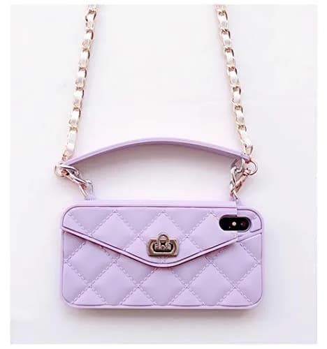 UnnFiko Luxury Bag Wallet Case for iPhone 7 Plus/8 Plus, Soft Silicone with Shoulder Strap, Purple | Card Pouch & Full Protection thumbnail 5