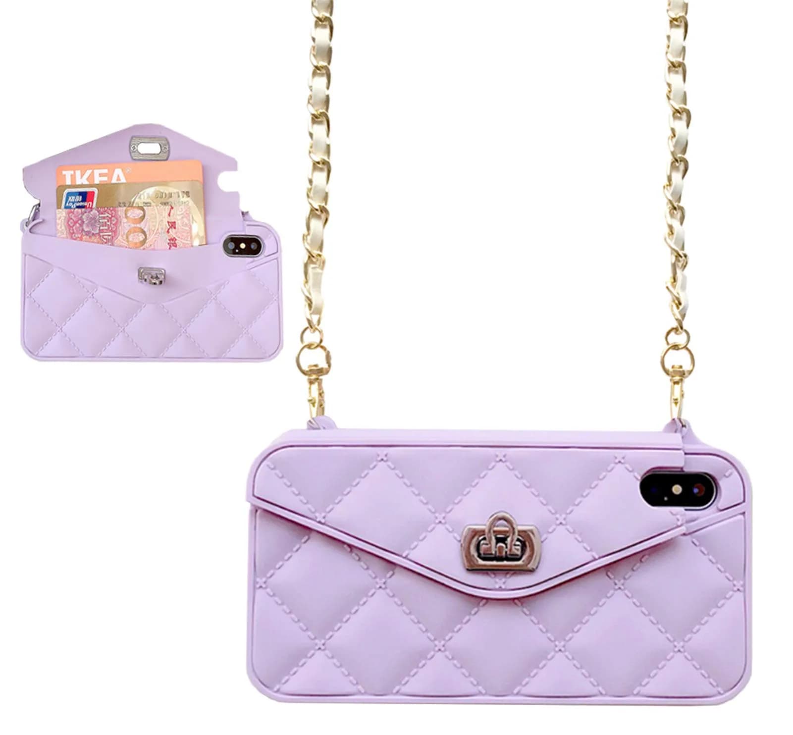 UnnFiko Luxury Bag Wallet Case for iPhone 7 Plus/8 Plus, Soft Silicone with Shoulder Strap, Purple | Card Pouch & Full Protection