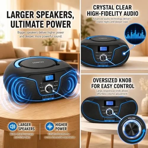 LONPOO LP-D02 Portable CD Player Boombox Bluetooth 28cm (11in) | Crystal-Clear Stereo Sound with FM Radio & AUX Input thumbnail 5