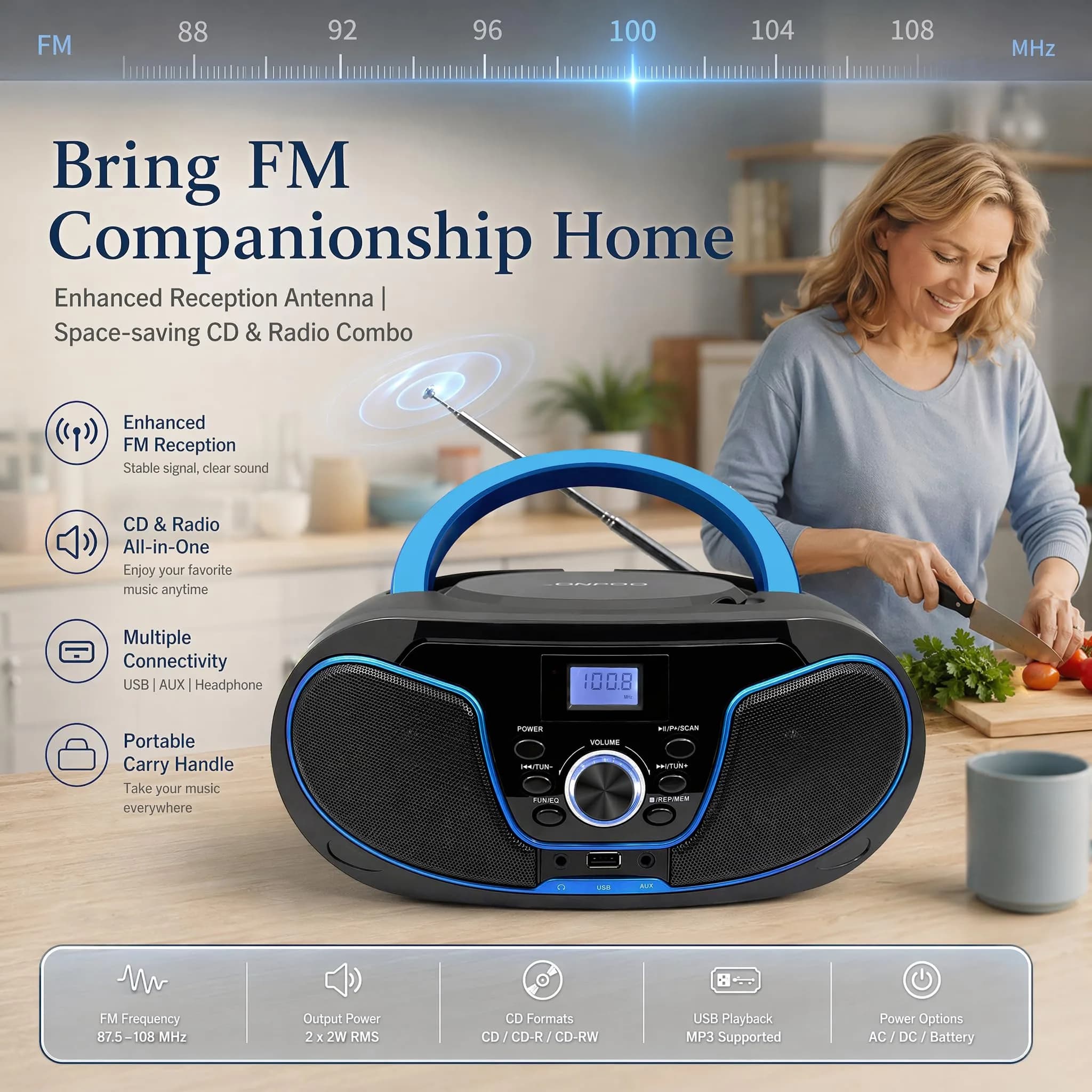 LONPOO LP-D02 Portable CD Player Boombox Bluetooth 28cm (11in) | Crystal-Clear Stereo Sound with FM Radio & AUX Input - view 6