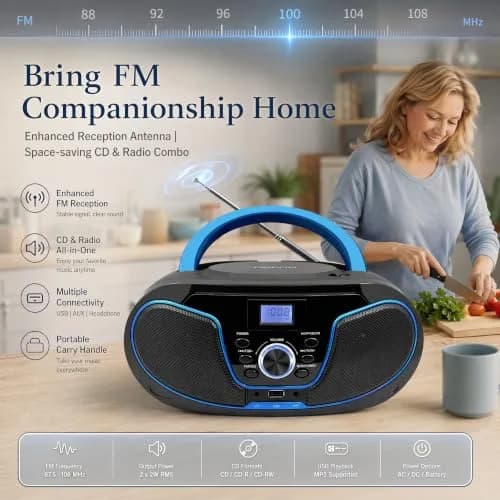 LONPOO LP-D02 Portable CD Player Boombox Bluetooth 28cm (11in) | Crystal-Clear Stereo Sound with FM Radio & AUX Input thumbnail 6