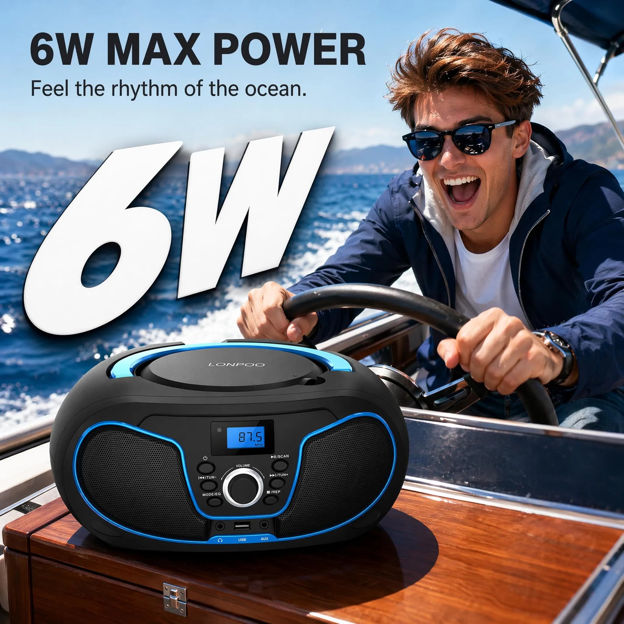 LONPOO LP-D02 Portable CD Player Boombox Bluetooth 28cm (11in) | Crystal-Clear Stereo Sound with FM Radio & AUX Input - view 7