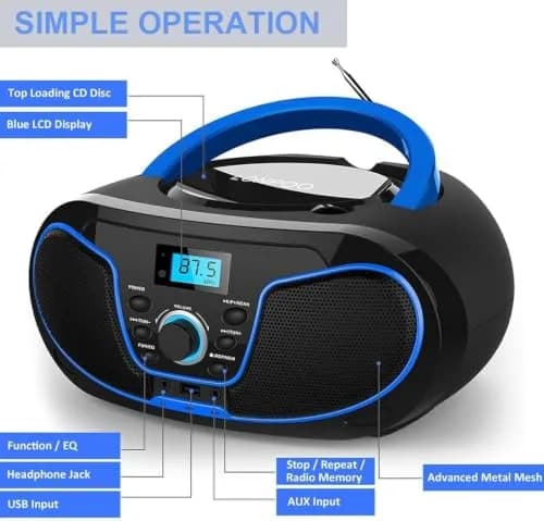 LONPOO LP-D02 Portable CD Player Boombox Bluetooth 28cm (11in) | Crystal-Clear Stereo Sound with FM Radio & AUX Input thumbnail 8